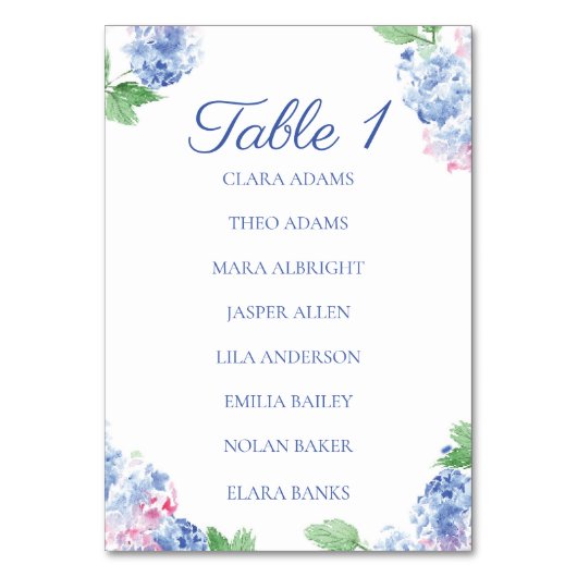 Blue Hydrangea Elegant Numeric Seating Charts Kaart (Voorkant)