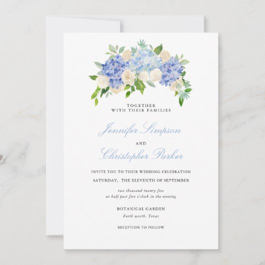 Blue Hydrangea Elegante bruiloft uitnodiging Kaart (Voorkant)