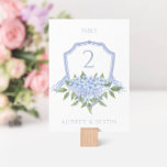 Blue Hydrangea Elegante Waterverf Wedding Crest Kaart<br><div class="desc">Deze prachtige bloementafelnummerkaart heeft een waterverf blauwe kuif met hortensia bloemen en uw aangepaste tekst aan beide zijden van de kaart. Gebruik de sjabloon om uw gegevens in te vullen. De functie "Verder aanpassen" kan worden gebruikt om het lettertype (grootte, stijl, kleur) te wijzigen, meer tekstregels toe te voegen of...</div>