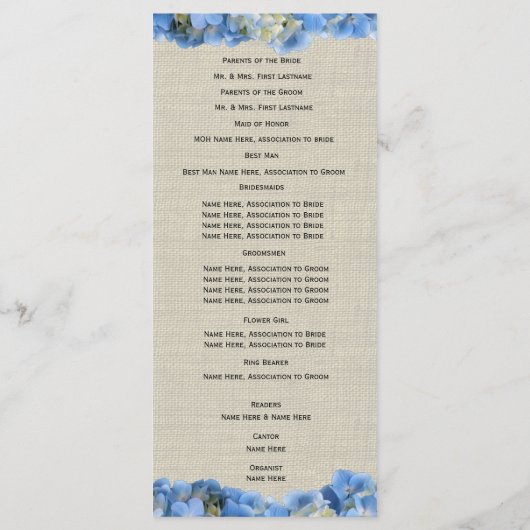 Blue Hydrangea en Burlap huwelijksprogramma Programmakaart (Achterkant)