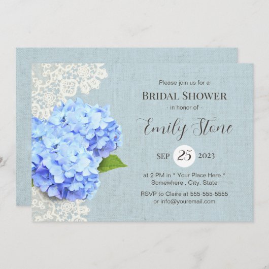 Blue Hydrangea en Lace Rustic Vrijgezellenfeest Kaart (Voorkant / Achterkant)