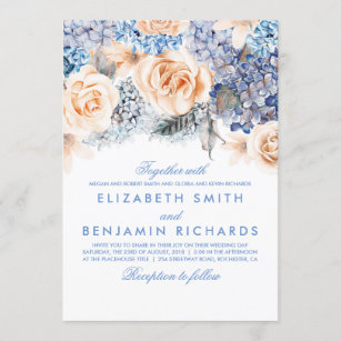 Blue Hydrangea en Peach Flowers - Floral Wedding Kaart