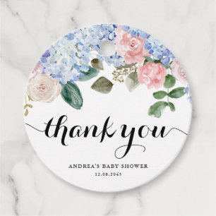 Blue Hydrangea en Pink Rose Baby shower Bedankt Bedankjes Labels