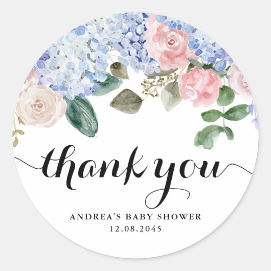 Blue Hydrangea en Pink Rose Baby shower Bedankt Ronde Sticker (Voorkant)
