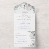 Blue Hydrangea en Roos Wedding All In One Uitnodiging (Binnen)