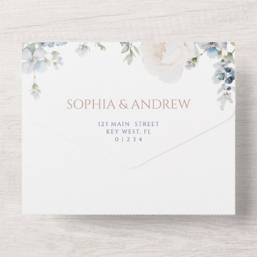 Blue Hydrangea en Roos Wedding All In One Uitnodiging (Achterkant)