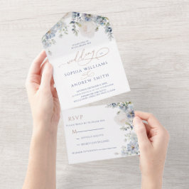 Blue Hydrangea en Roos Wedding All In One Uitnodiging