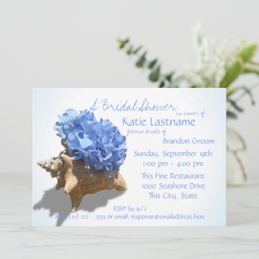 Blue Hydrangea en Seashell Vrijgezellenfeest Kaart (Staand voorkant)