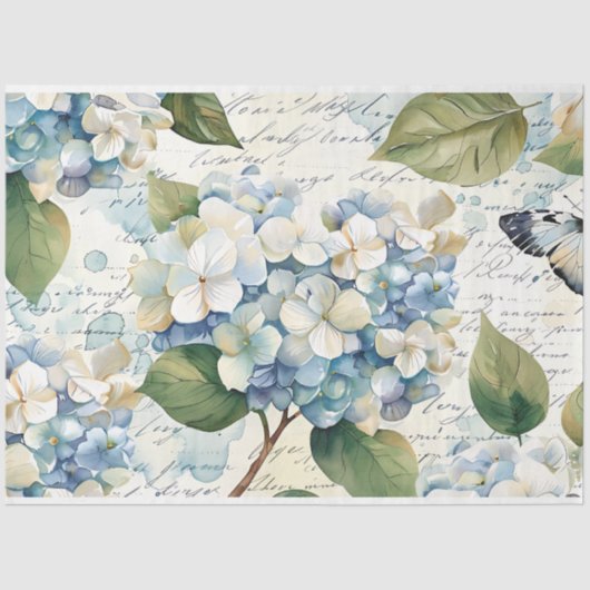  Blue Hydrangea Ephemera Script Decoupage Tissuepapier (Voorkant)