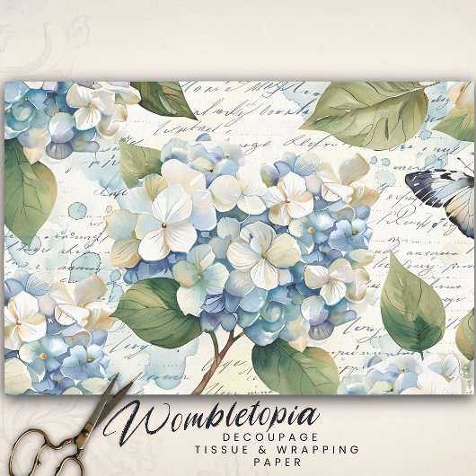  Blue Hydrangea Ephemera Script Decoupage Tissuepapier