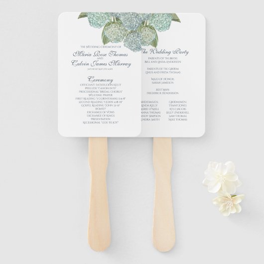 Blue Hydrangea Fan Wedding Programme Handwaaier (Voorkant en achterkant)