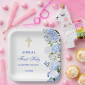 Blue Hydrangea First Communion Papieren Bordje (Feest)