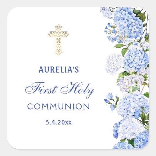 Blue Hydrangea First Communion Vierkante Sticker (Voorkant)