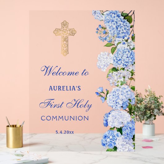 Blue Hydrangea First Communion Welcome Acryl Bord (Huwelijk)
