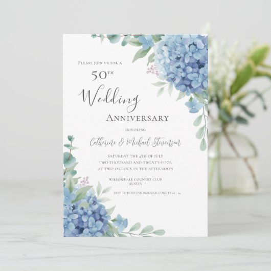 Blue Hydrangea Floral 50th Wedding Anniversary Kaart (Staand voorkant)