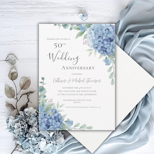 Blue Hydrangea Floral 50th Wedding Anniversary Kaart