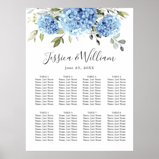 Blue Hydrangea Floral 8 Tafels ZITKAART Poster (Voorkant)
