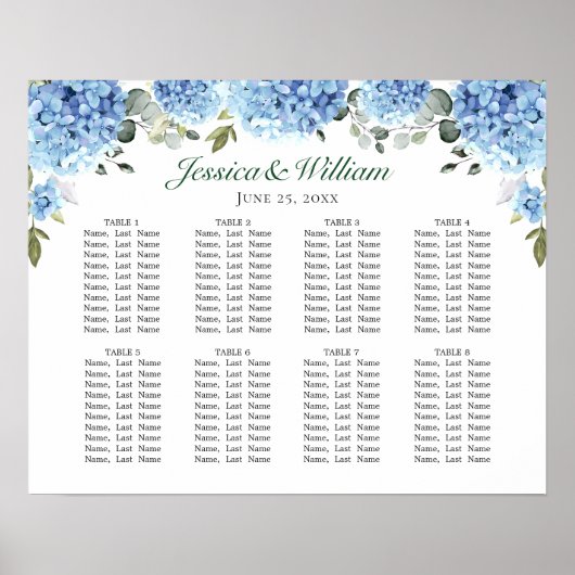 Blue Hydrangea Floral 8 Tafels ZITKAART Poster (Voorkant)