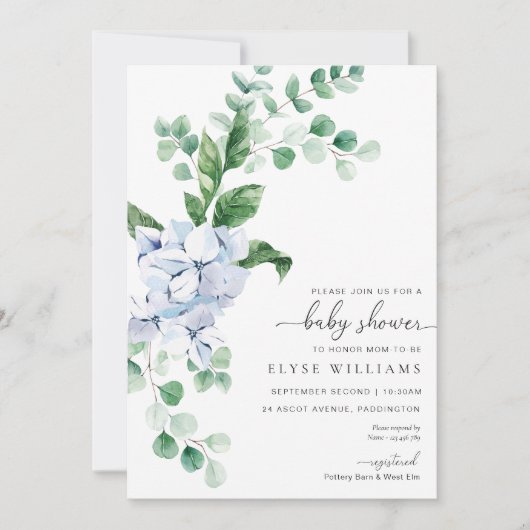 Blue Hydrangea Floral Baby shower Invitation Kaart (Voorkant)