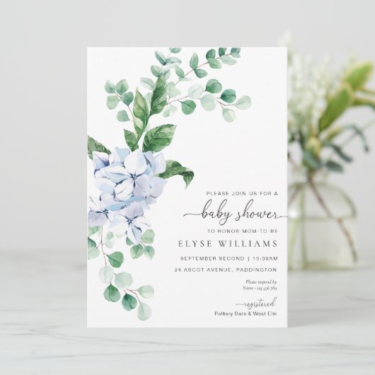 Blue Hydrangea Floral Baby shower Invitation Kaart (Staand voorkant)