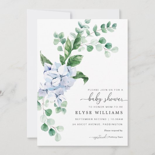 Blue Hydrangea Floral Baby shower Invitation Kaart (Voorkant)