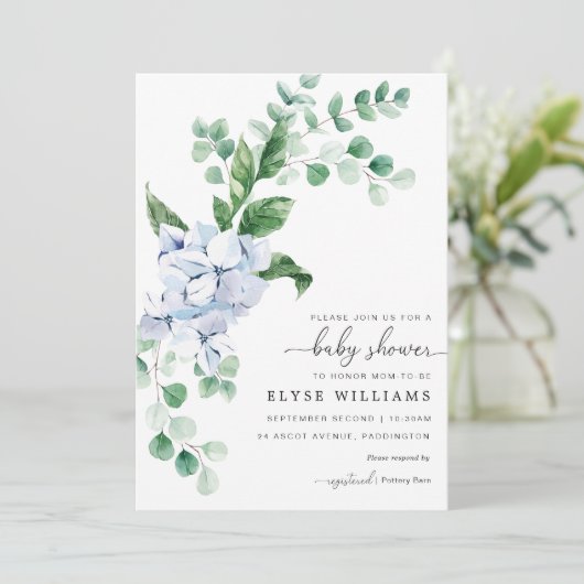 Blue Hydrangea Floral Baby shower Invitation Kaart (Staand voorkant)