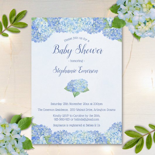 Blue Hydrangea Floral Baby Shower Invitations Kaart