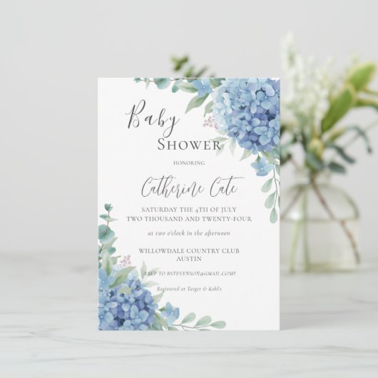 Blue Hydrangea Floral Baby Shower Kaart (Staand voorkant)
