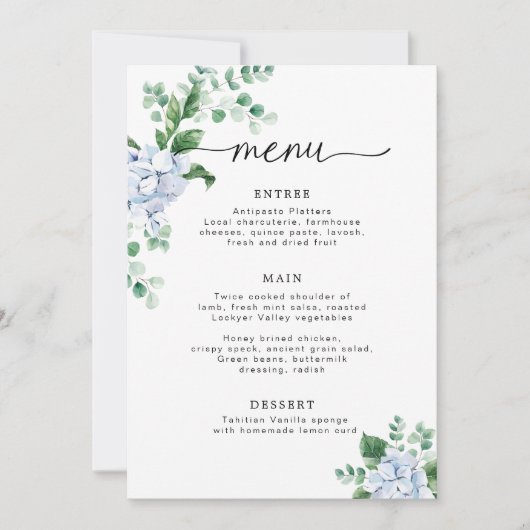 Blue Hydrangea Floral Baby shower Menu Kaart (Voorkant)