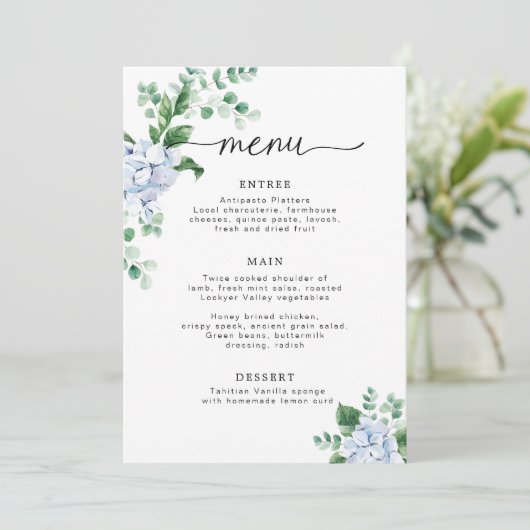 Blue Hydrangea Floral Baby shower Menu Kaart (Staand voorkant)