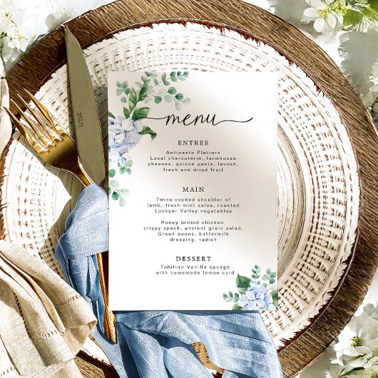 Blue Hydrangea Floral Baby shower Menu Kaart