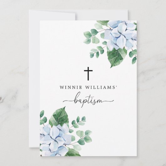 Blue Hydrangea Floral Baptism Invitation Kaart (Achterkant)