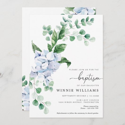 Blue Hydrangea Floral Baptism Invitation Kaart (Voorkant / Achterkant)