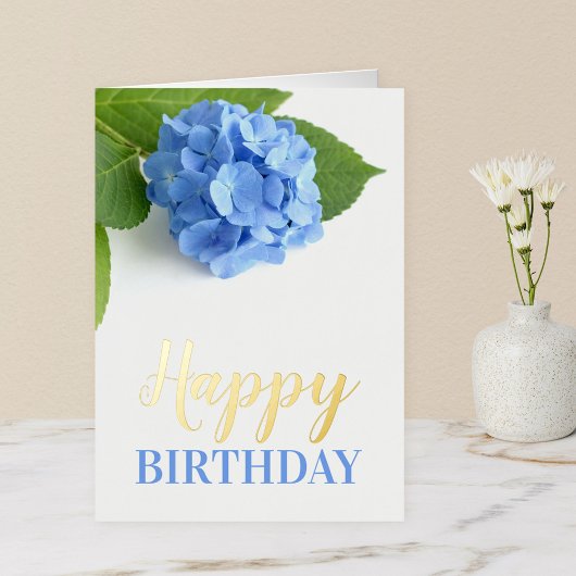 Blue Hydrangea Floral Birthday Gold Folie Wenskaart