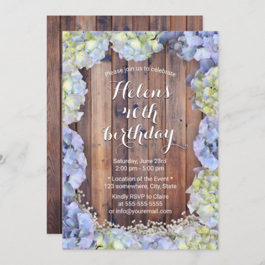 Blue Hydrangea  Floral Birthday Party Kaart (Voorkant / Achterkant)