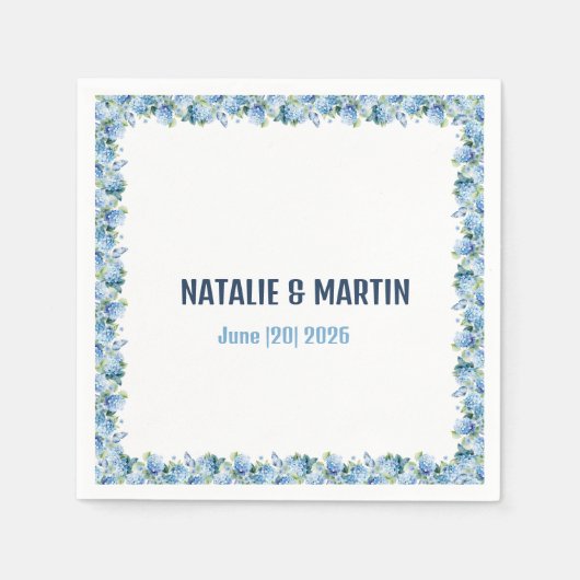 Blue Hydrangea Floral Border Wedding Personalized Servet (Voorkant)