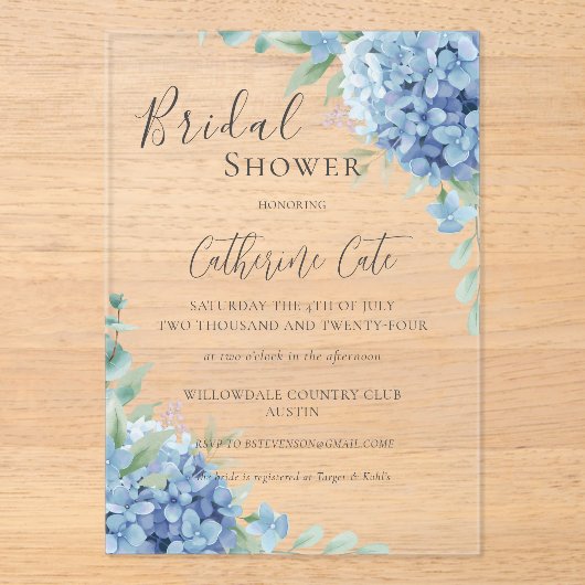 Blue Hydrangea Floral Bridal Shower Acryl Uitnodigingen (Voorkant)