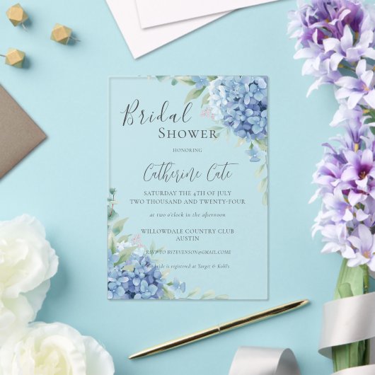 Blue Hydrangea Floral Bridal Shower Acryl Uitnodigingen (Insitu (Huwelijk))