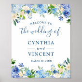 Blue Hydrangea Floral Chic Wedding Welcome Sign Poster (Voorkant)