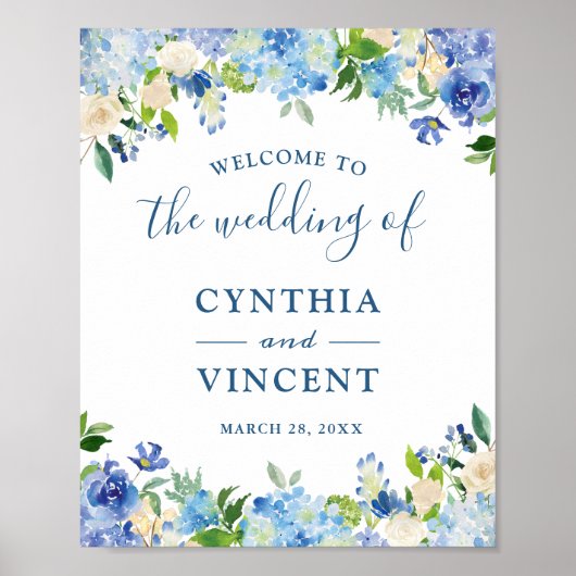 Blue Hydrangea Floral Chic Wedding Welcome Sign Poster (Voorkant)