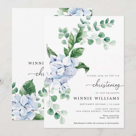Blue Hydrangea Floral Christening Invitation Kaart (Voorkant / Achterkant)