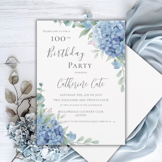 Blue Hydrangea Floral Elegant 100th Birthday Kaart