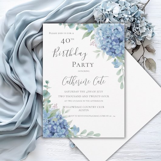 Blue Hydrangea Floral Elegant 40th Birthday Kaart