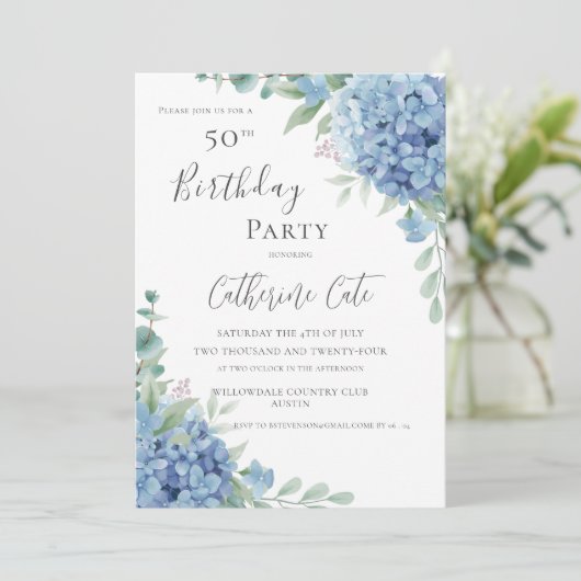 Blue Hydrangea Floral Elegant 50th Birthday Kaart (Staand voorkant)