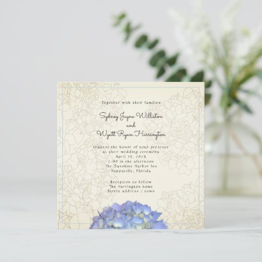 Blue Hydrangea Floral Graphic Sepia Square Kaart (Staand voorkant)