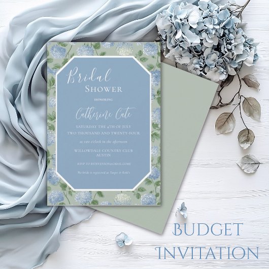 Blue Hydrangea Floral Green Bridal Shower Kaart