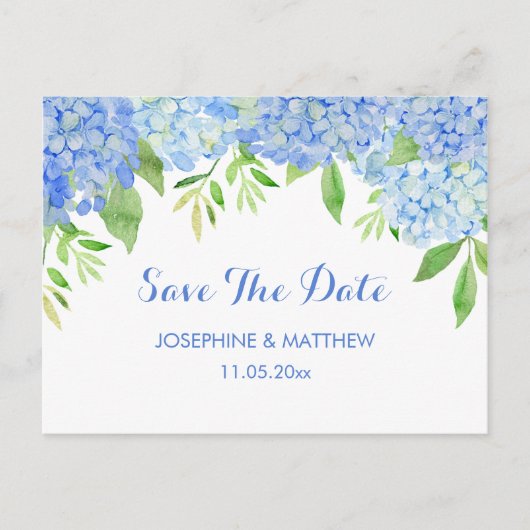 Blue Hydrangea Floral Greenery Save the Date Aankondigingskaart (Voorkant)