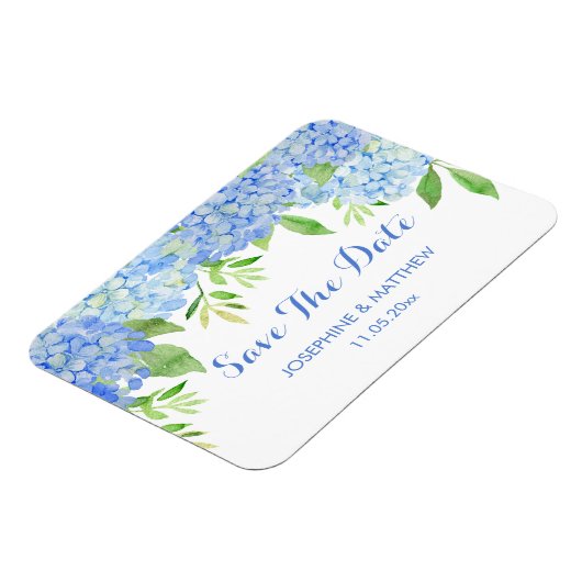 Blue Hydrangea Floral Greenery Save the Date Magneet (Linkerzijde)