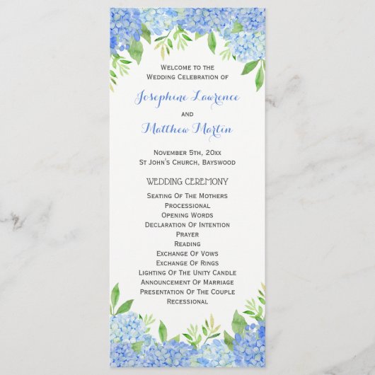Blue Hydrangea Floral Greenery Wedding Ceremony Programmakaart (Voorkant)