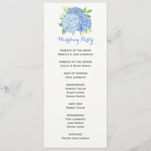 Blue Hydrangea Floral Greenery Wedding Ceremony Programmakaart (Achterkant)